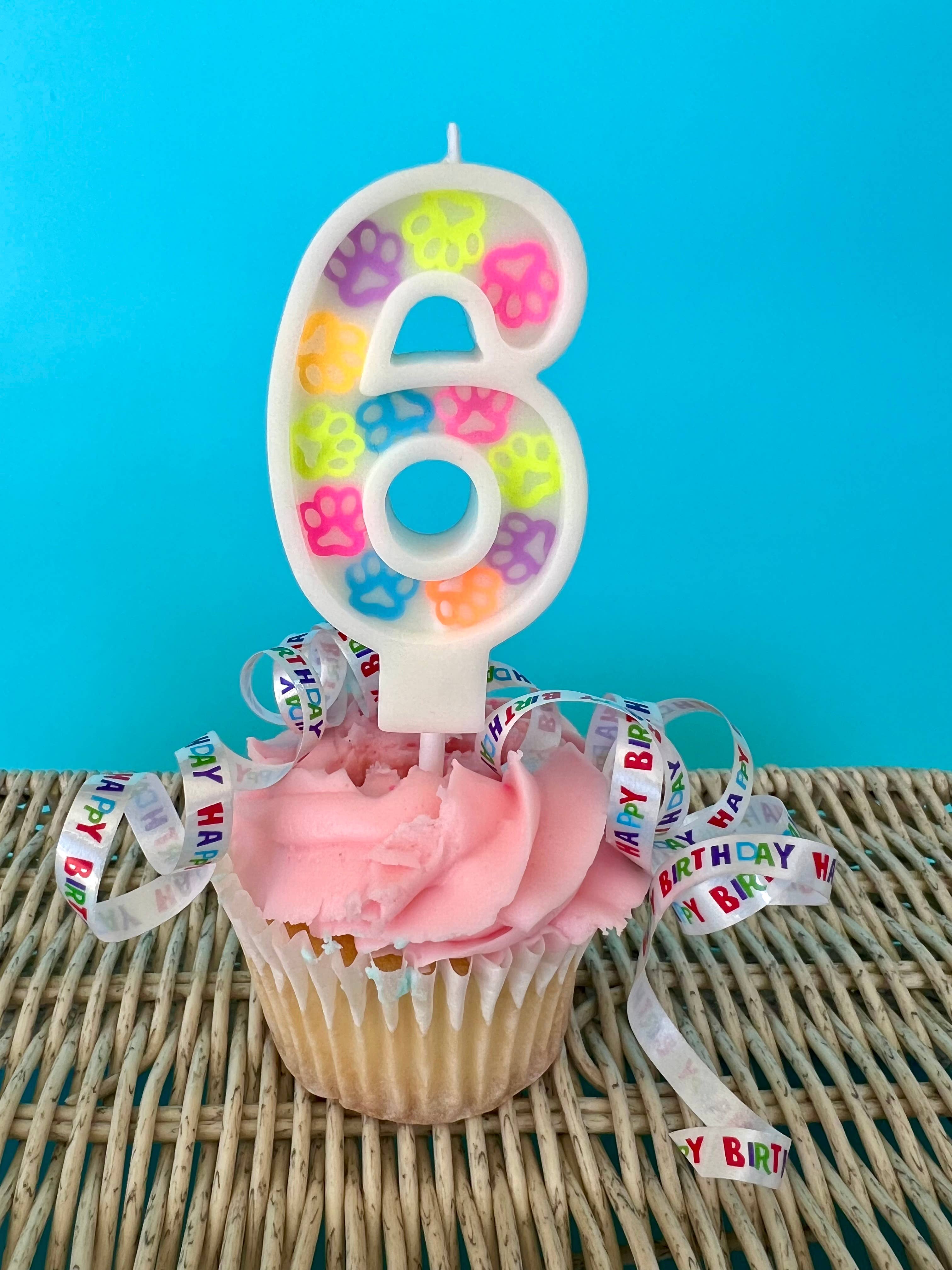 Dog Birthday Number Candle – Paw Print Confetti Design