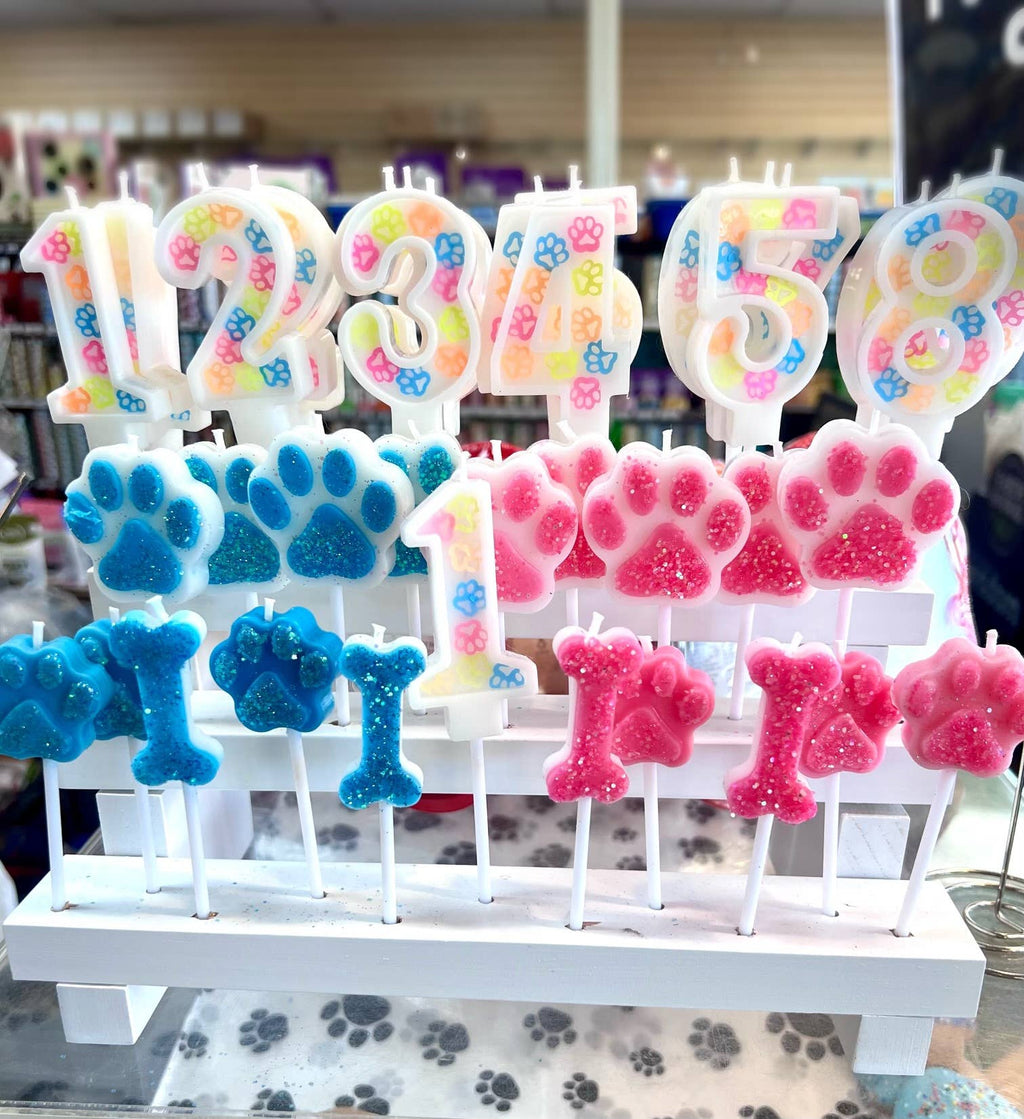 Dog Birthday Number Candle – Paw Print Confetti Design