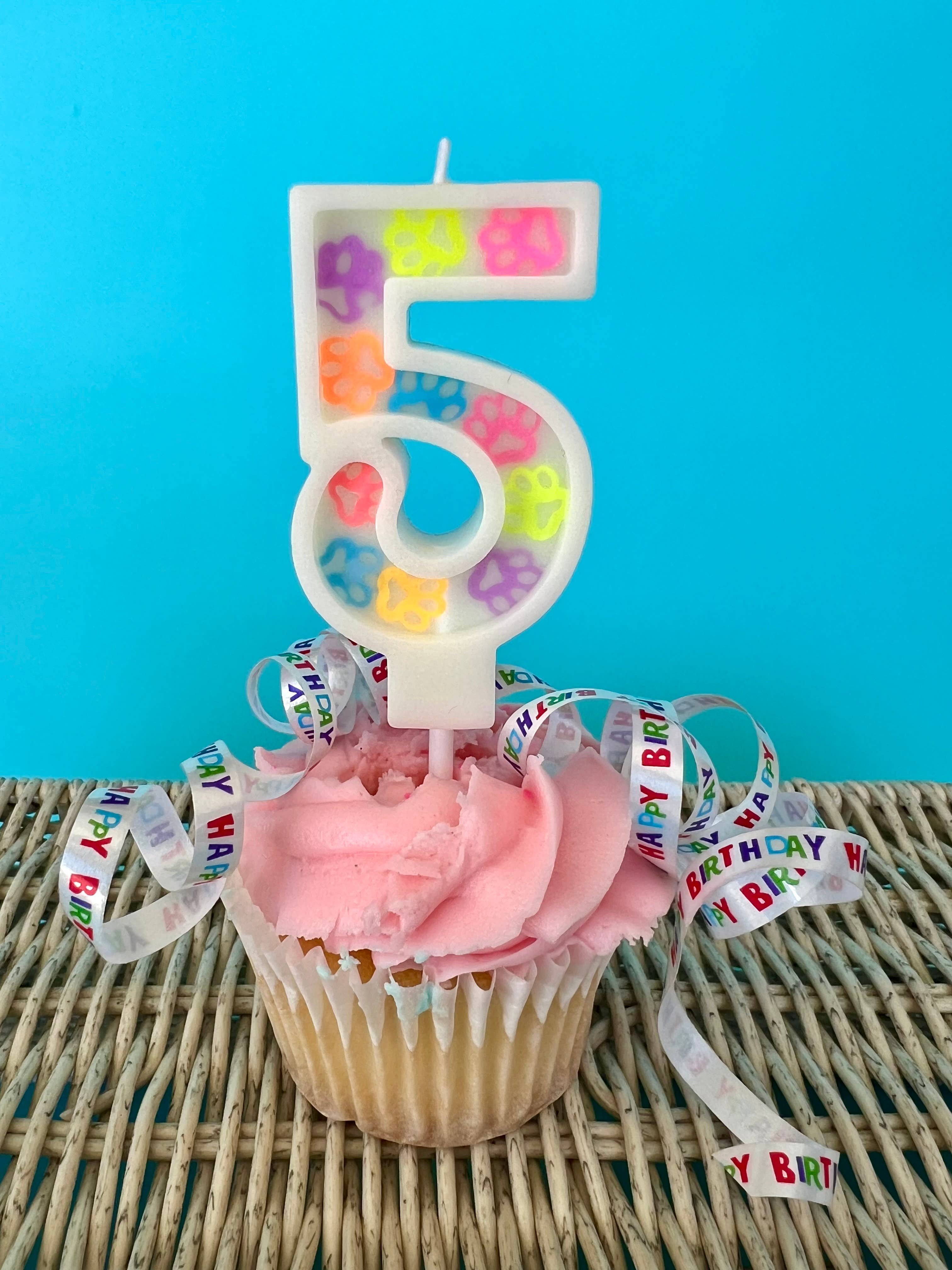 Dog Birthday Number Candle – Paw Print Confetti Design