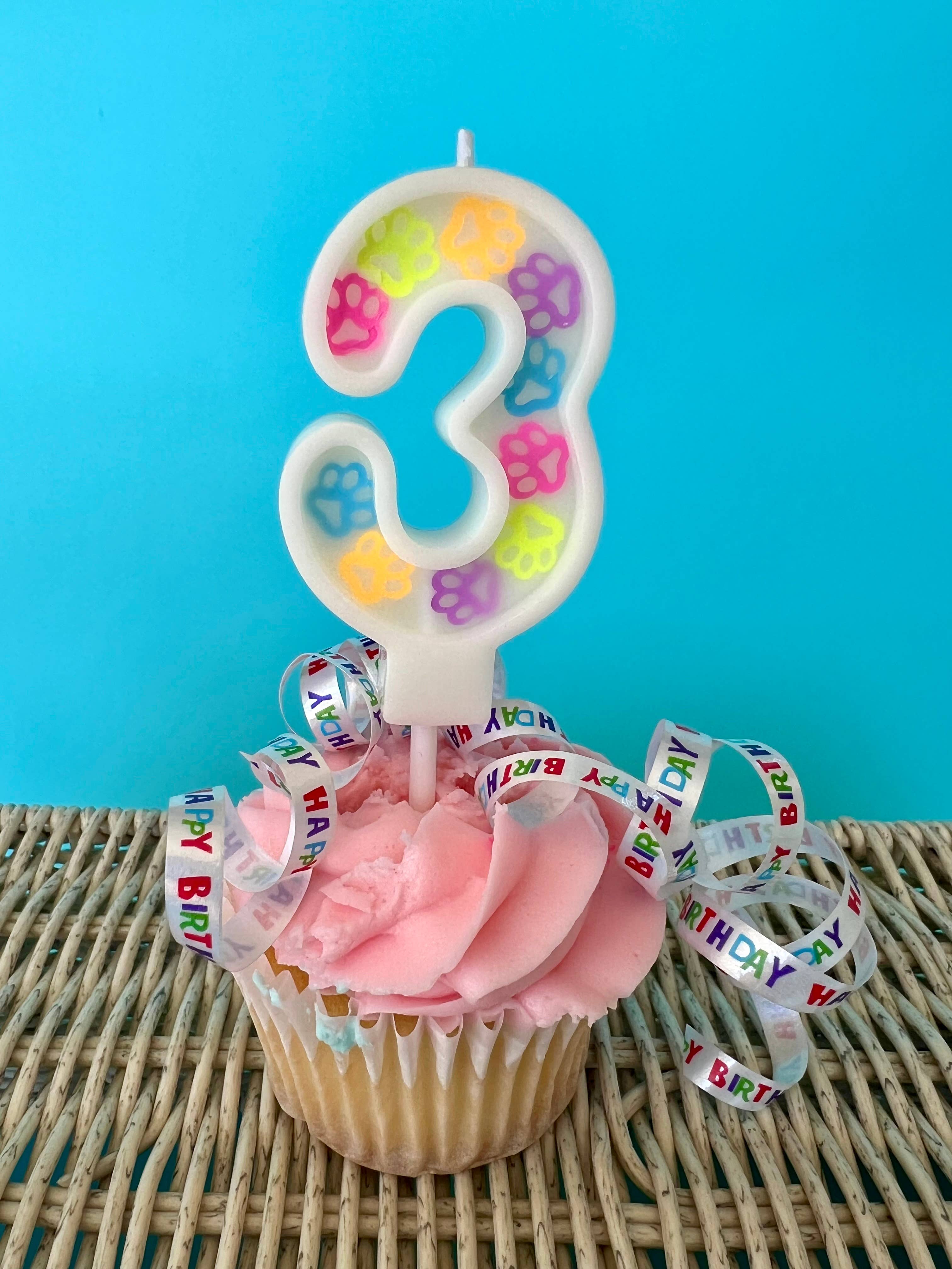 Dog Birthday Number Candle – Paw Print Confetti Design