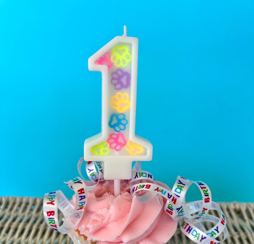 Dog Birthday Number Candle – Paw Print Confetti Design