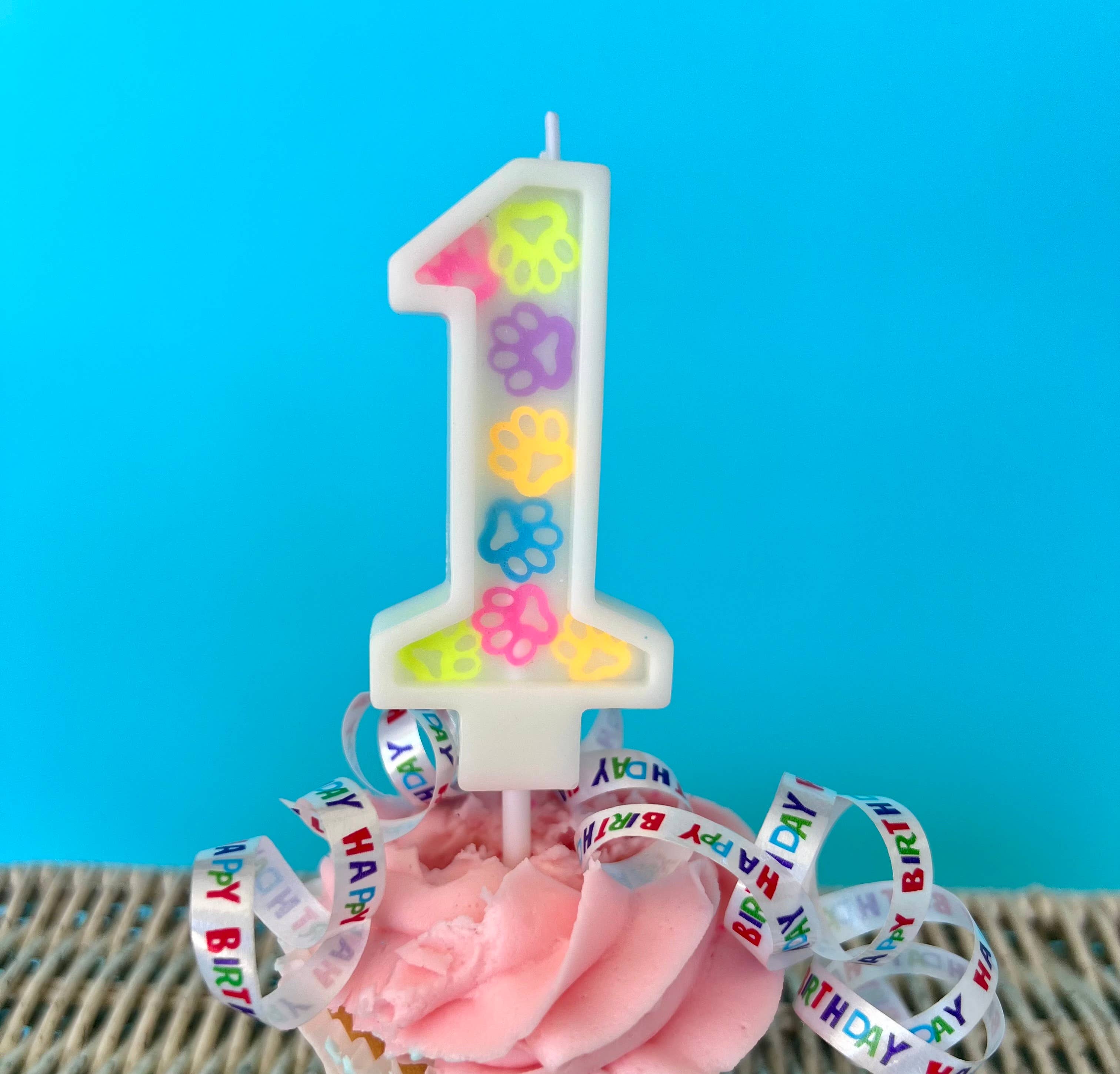 Dog Birthday Number Candle – Paw Print Confetti Design
