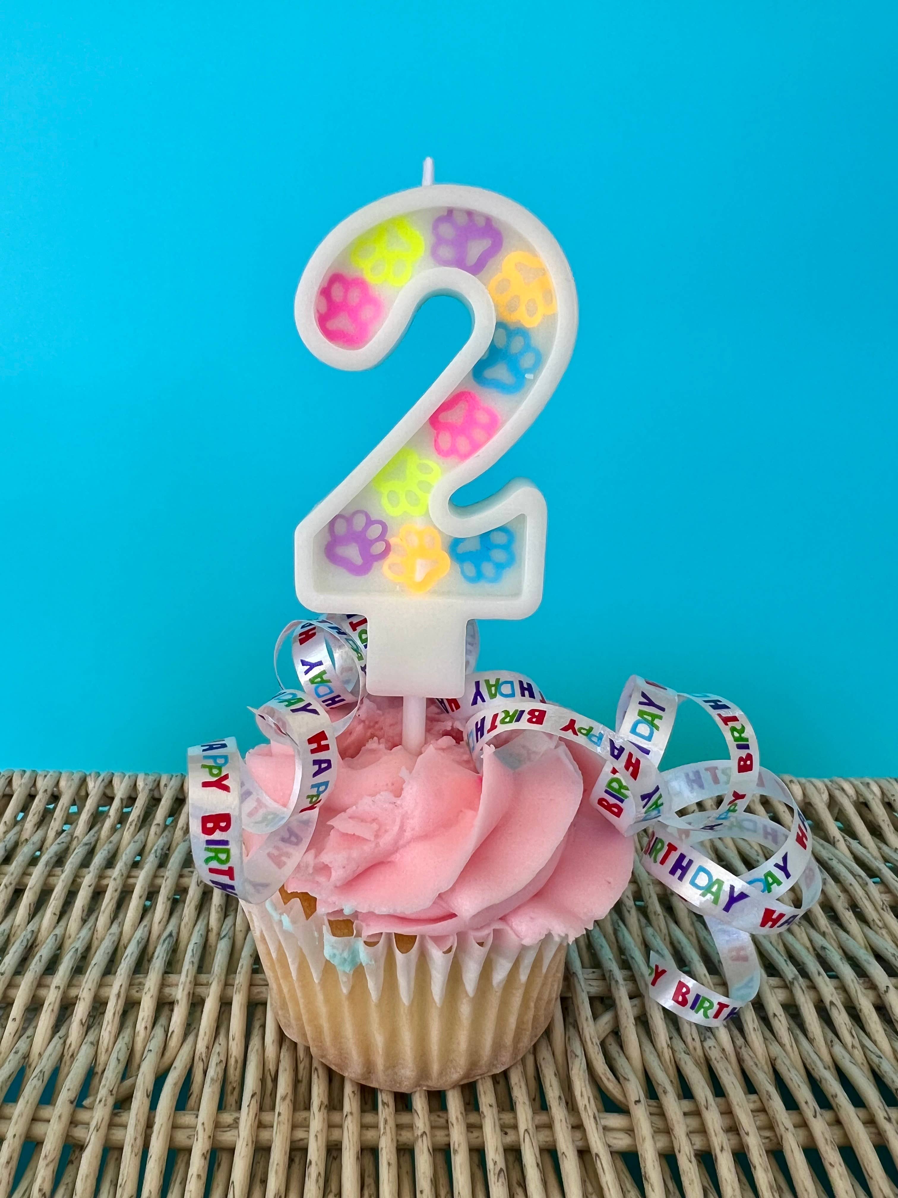 Dog Birthday Number Candle – Paw Print Confetti Design